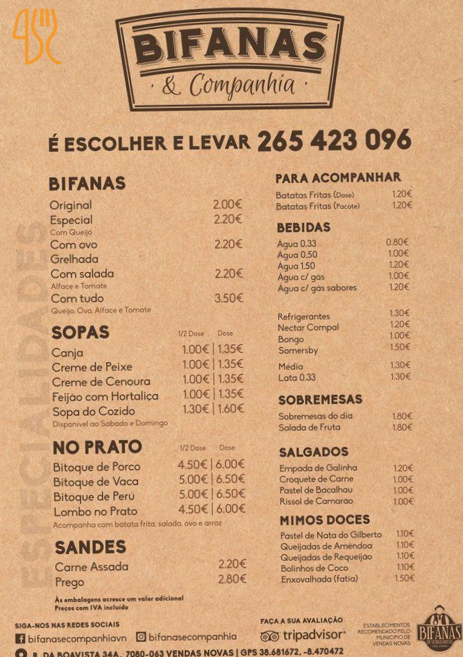 Bifanas Vendas Novas (Corroios) take-away Seixal – Menu e preços